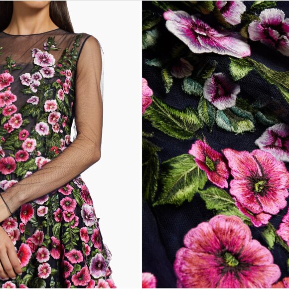 OSCAR De La RENTA  Hollyhocks Threadwork Tulle Long-Sleeve Gown Size 14  $4,990 - Picture 4 of 15